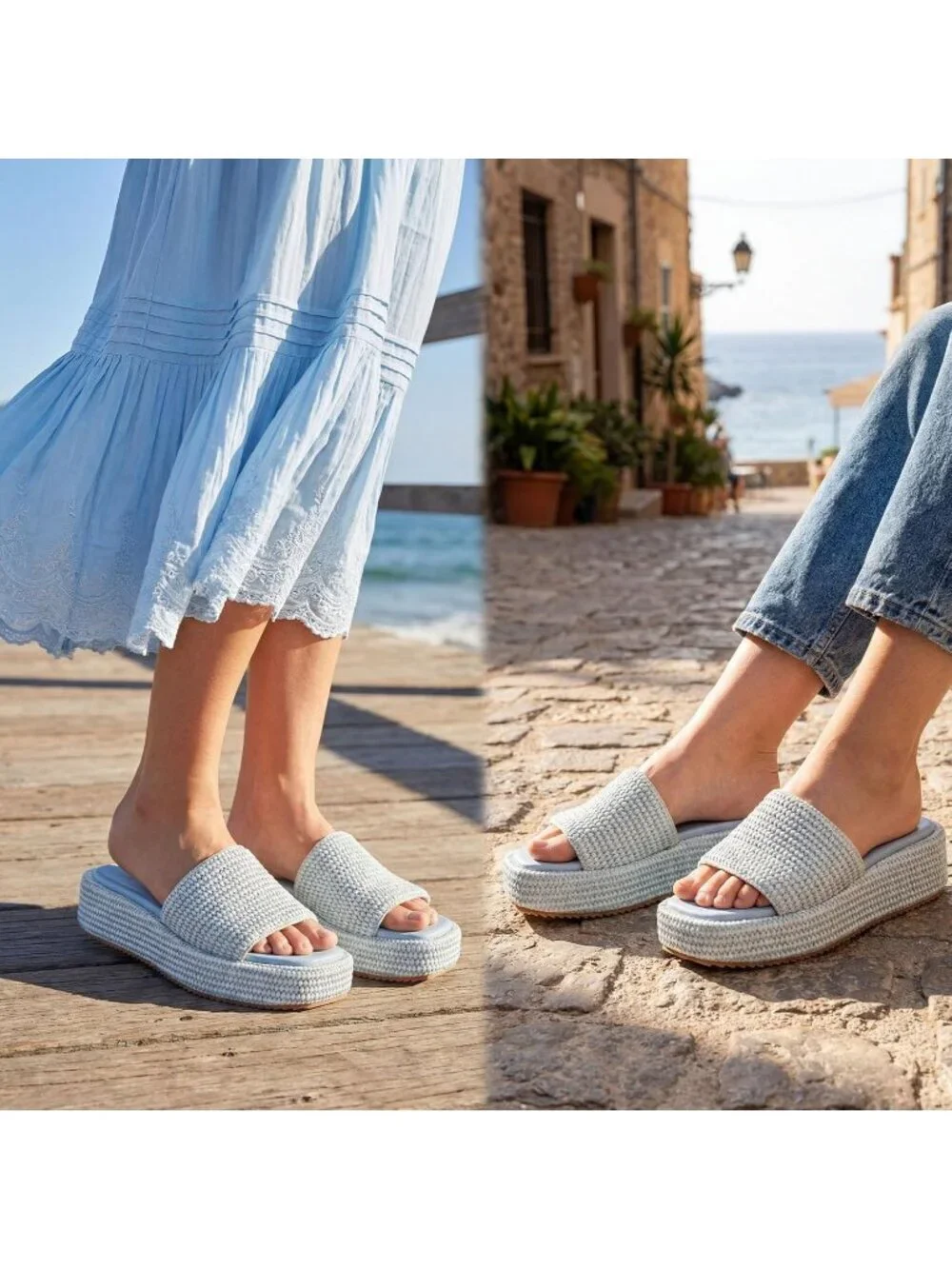 Women's Blue Rubber Woven Straw Beach Slip On Comfortable Casual Platform